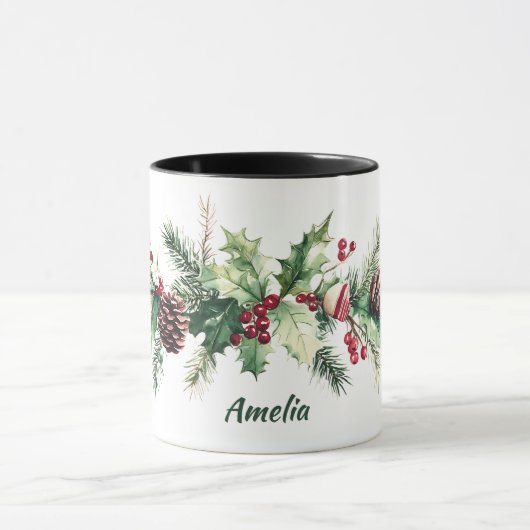 Winter Pine Berry Personalized Name Holiday マグカップ (中央)