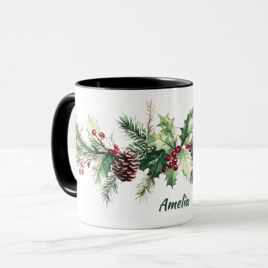 Winter Pine Berry Personalized Name Holiday マグカップ (正面左)