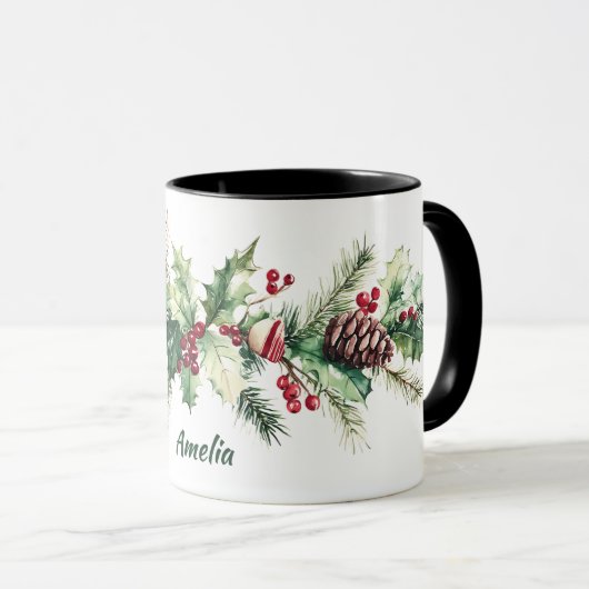 Winter Pine Berry Personalized Name Holiday マグカップ (正面右)