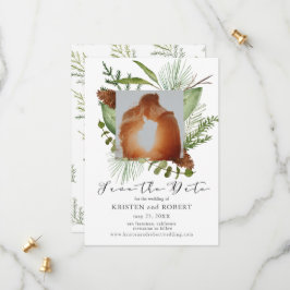 Winter Pine Greenery写真Save The Date Card セーブザデート