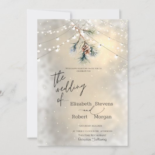 Winter Pine Tree Cone String Lights Wedding 招待状 (正面)