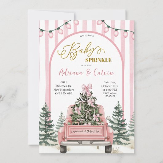 Winter Pine Trees Coquette Bow Pink Baby Sprinkle 招待状 (正面)
