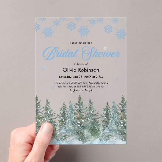 Winter Pine Trees Snowflakes Bridal Shower アクリル招待状 (インサイチュ (ポータブル))