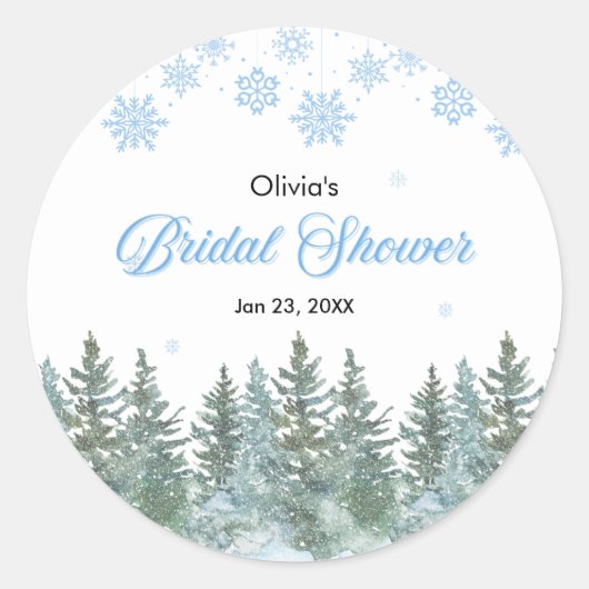 Winter Pine Trees Snowflakes Bridal Shower  ラウンドシール (正面)