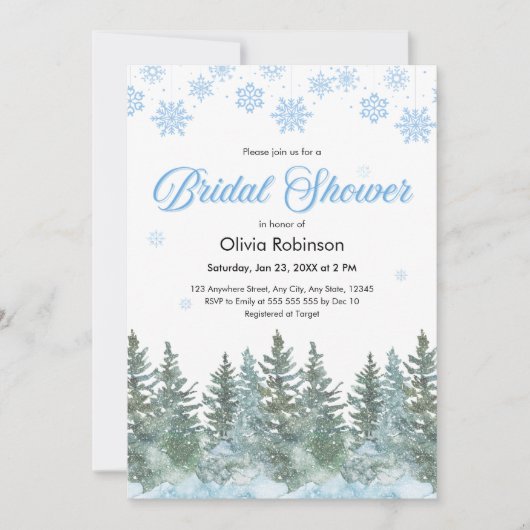 Winter Pine Trees Snowflakes Bridal Shower 招待状 (正面)