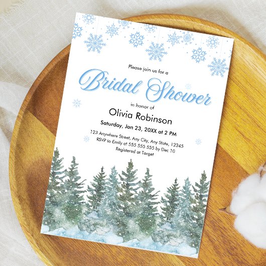 Winter Pine Trees Snowflakes Bridal Shower 招待状