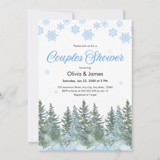 Winter Pine Trees Snowflakes Couples Bridal Shower 招待状 (正面)