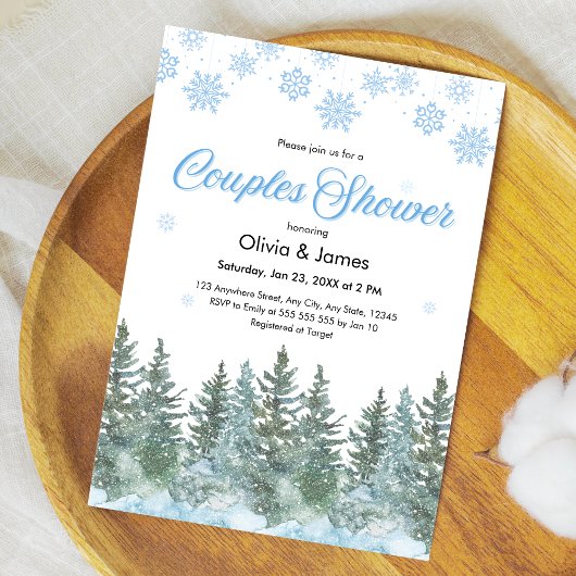 Winter Pine Trees Snowflakes Couples Bridal Shower 招待状