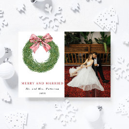 Winter Pine Wreath Merry & Married Photo Christmas シーズンカード