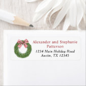 Winter Pine Wreath Stripes Red Bow Christmas ラベル (インサイチュ)