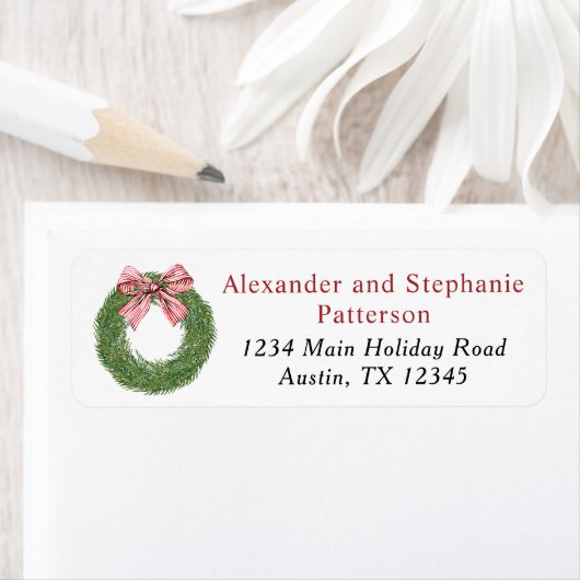 Winter Pine Wreath Stripes Red Bow Christmas ラベル (インサイチュ)