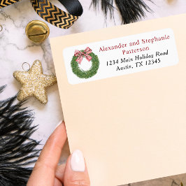 Winter Pine Wreath Stripes Red Bow Christmas ラベル