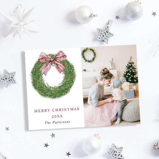 Winter Pine Wreath Stripes Red Bow Photo Christmas シーズンカード