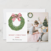 Winter Pine Wreath Stripes Red Bow Photo Christmas シーズンカード (正面)