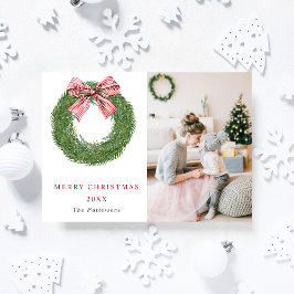 Winter Pine Wreath Stripes Red Bow Photo Christmas シーズンポストカード
