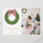 Winter Pine Wreath Stripes Red Bow Photo Christmas 箔シーズンカード (正面)