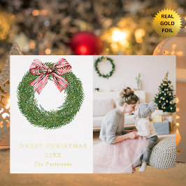 Winter Pine Wreath Stripes Red Bow Photo Christmas 箔シーズンカード