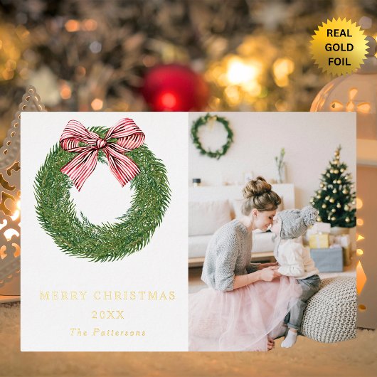 Winter Pine Wreath Stripes Red Bow Photo Christmas 箔シーズンカード