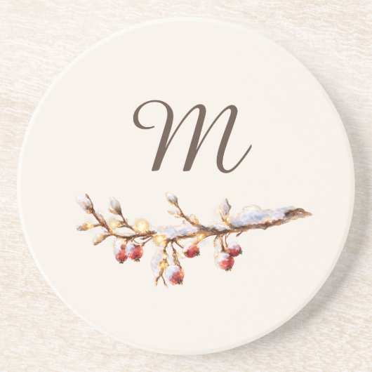 Winter Pinecone & Berry Monogram コースター (正面)