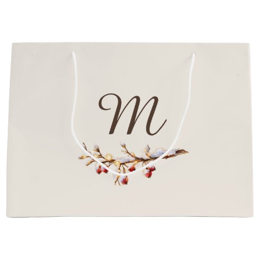 Winter Pinecone & Berry Monogram ラージペーパーバッグ (正面)