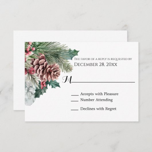 Winter PineconesとHolly RSVPカード (正面/裏面)