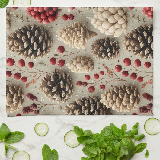 Winter Pinecones and Red Berries キッチンタオル (折り畳み)