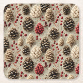 Winter Pinecones and Red Berries スクエアペーパーコースター (正面)