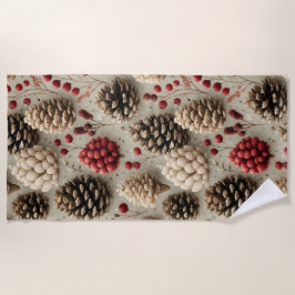 Winter Pinecones and Red Berries ビーチタオル