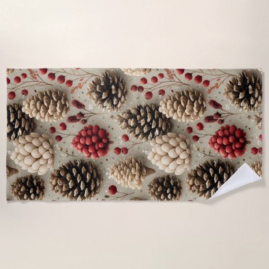 Winter Pinecones and Red Berries ビーチタオル (正面)