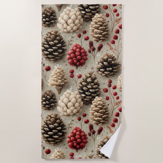 Winter Pinecones and Red Berries ビーチタオル (正面)