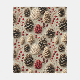 Winter Pinecones and Red Berries フリースブランケット