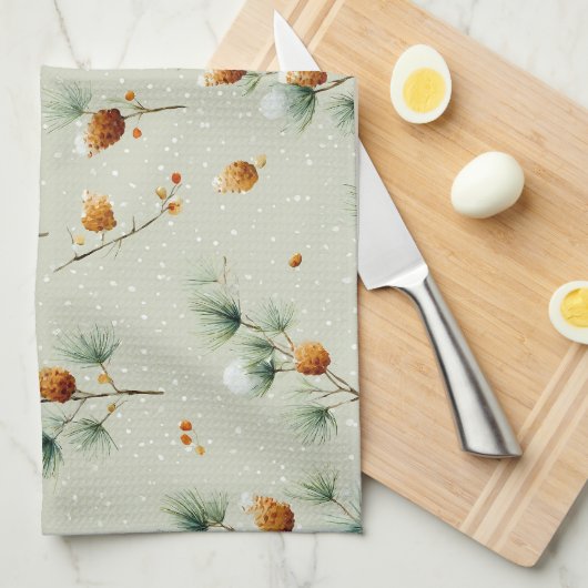 Winter Pinecones and Snowy Branches キッチンタオル (四つ折り)