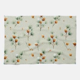 Winter Pinecones and Snowy Branches キッチンタオル