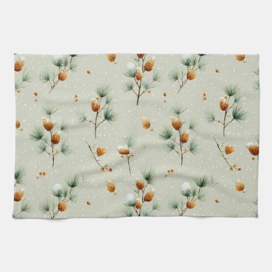 Winter Pinecones and Snowy Branches キッチンタオル (横)