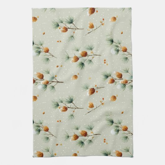 Winter Pinecones and Snowy Branches キッチンタオル (縦)