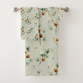 Winter Pinecones and Snowy Branches バスタオルセット