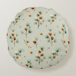Winter Pinecones and Snowy Branches ラウンドクッション