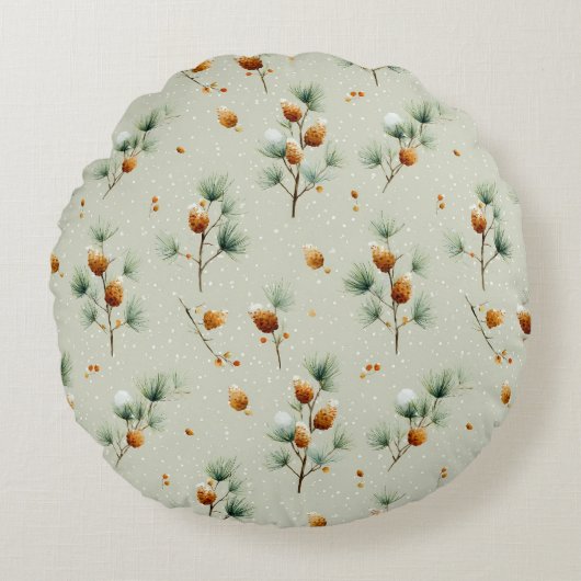 Winter Pinecones and Snowy Branches ラウンドクッション (正面)