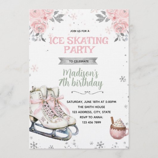 Winter Pink and Silver Skating invitation 招待状 (正面)