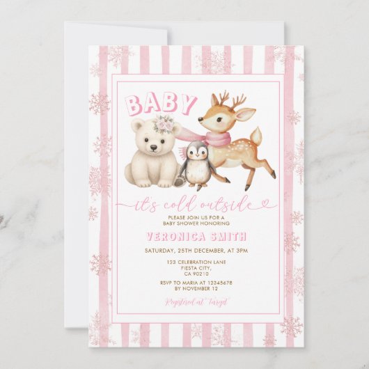 Winter Pink Baby It’s Cold Outside Baby Shower 招待状 (正面)