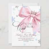 Winter Pink Bow 1st Birthday Party 招待状 (正面)