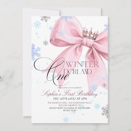Winter Pink Bow 1st Birthday Party 招待状 (正面)