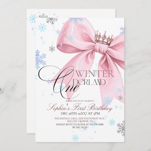 Winter Pink Bow 1st Birthday Party 招待状 (正面/裏面)