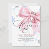 Winter Pink Bow 1st Birthday Party 招待状 (正面)
