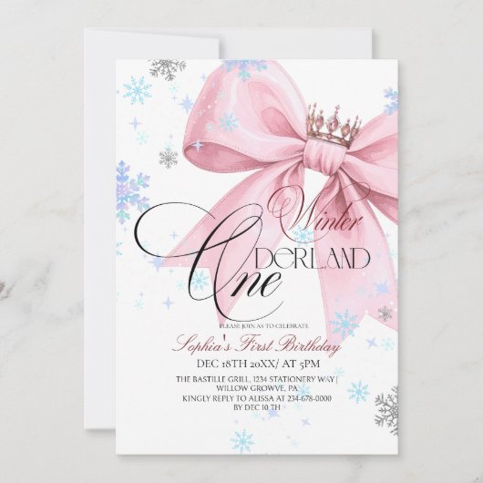 Winter Pink Bow 1st Birthday Party 招待状 (正面)