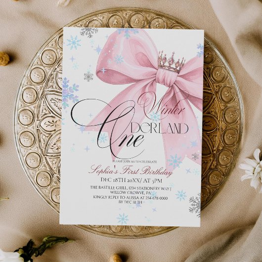 Winter Pink Bow 1st Birthday Party 招待状