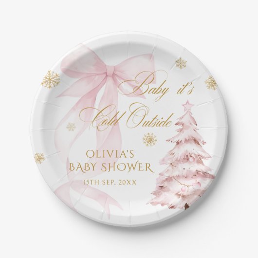 Winter Pink Bow Baby It's Cold Outside Baby Shower ペーパープレート (正面)