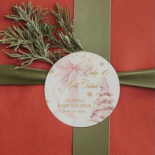 Winter Pink Bow It's Cold Outside Baby Shower ラウンドシール