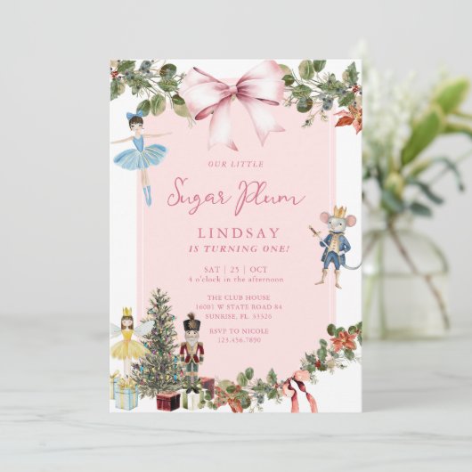 Winter Pink Bow Nutcracker Ballet Birthday  招待状 (スタンド正面)