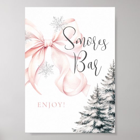 Winter Pink Bow Smores Bar Table Sign ポスター (正面)